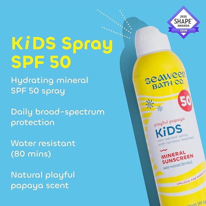 Seaweed Bath Co. Kid's Mineral SPF 50 Broad Spectrum Sunscreen Spray 6 Ounce (Pack of 2) Papaya Scented Water Resistant Tear Free Sensitive Formula with Zinc Oxide Rainbow Seaweed Watermelon