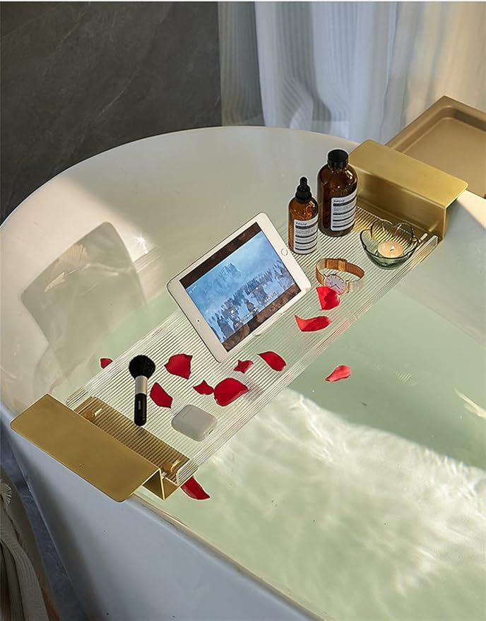 WANLIAN 33 Inch Luxury Bathtub Caddy Tray - Shelf for Shower Storage Organizer for Bathtub Clear-B