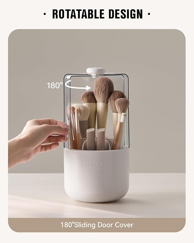 EACHY Makeup Brush Holder 360° Rotating with Dustproof Lid Waterproof Material 7 Compartments for Organized Storage Stylish and Durable Design for Vanity (White)