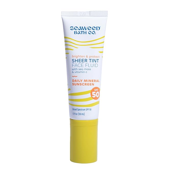 Seaweed Bath Co. Brighten &amp Protect Sheer Tint Face Fluid SPF 50 Zinc Oxide Sunscreen Lotion 1.7 Oz. Tinted Mineral Facial Moisturizer Cream