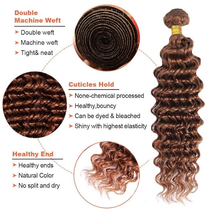 Color #30 Brown Bundles Human Hair Deep Wave 3 Bundles 22 22 22 Inch Unprocessed Brazilian Virgin Remy Light Brown Deep Wave Bundle Human Hair Extensions
