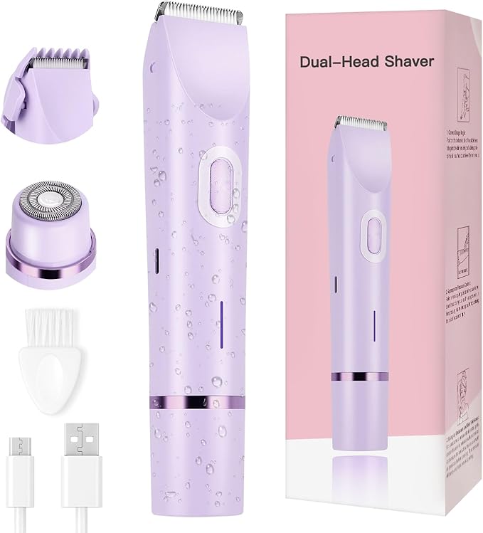 Women's Bikini Trimmer 2-in-1 Electric Shaver for Bikini Line Legs Underarms Face - Waterproof Women's Electric Shaver for Sensitive Skin USB Rechargeable(Purple)