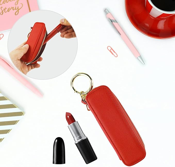 Bocasal Leather Lipstick Case Holder Chapstick Keychain Pouch Zipper Lip Balm Lip Gloss Bag for Purse with Key Chain Elastic Band Makeup Travel Organizer Cosmetic Storage Kit for Women Girls (Red)