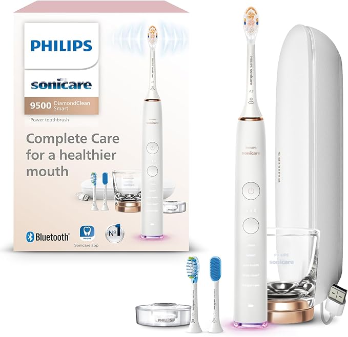 Philips Sonicare DiamondClean Smart 9500 Electric Toothbrush Sonic Toothbrush with App Pressure Sensor Brush Head Detection 5 Brushing Modes and 3 Intensity Levels Rosegold Model HX9923/61