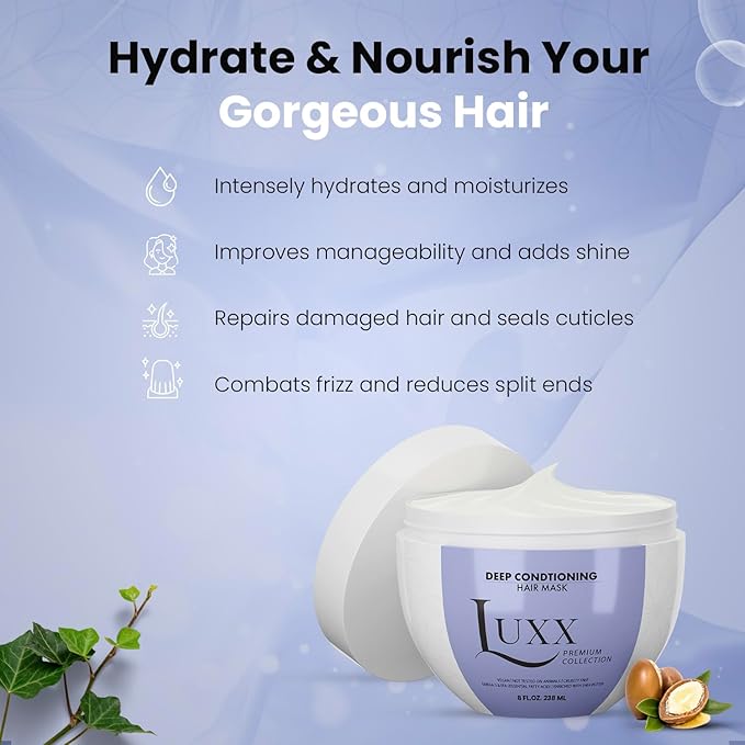 Luxx Deep Conditioning Hair Mask | Shea Butter &amp Argan Oil Vegan Deep Moisturizing Mask for Dry &amp Damaged Hair| Combats Frizz | Restores Moisture | Paraben &amp Sulfate-Free (8 Fl. Oz) Clear