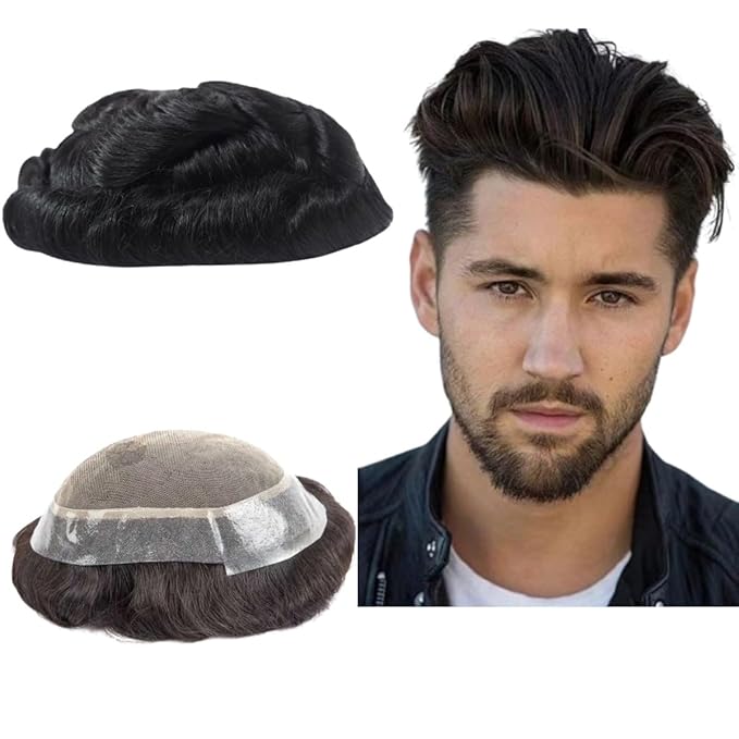 Toupee for Men Human Hair Mens Toupee European Virgin Human Hair Units Curly Wave Mens Wigs Toupee Hair Real Human Replacement System for Man AUS Prosthesis Units Patch #1B Off Black (7x10)