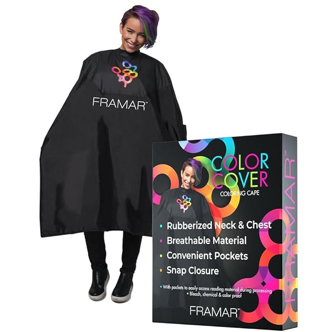 FRAMAR Color Cover Salon Cape ? Hair Cape with Snap Closure and Rubberized Chest For Hair Dye Hair Color Cosmetology Supplies and Hair Coloring