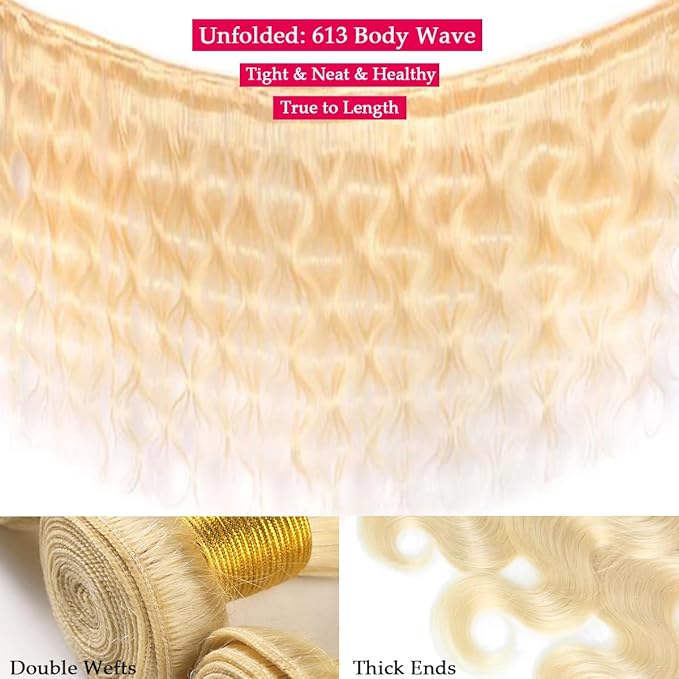 613 Human Hair Bundles Body Wave Blonde 1 Bundles 12 Inch 100% Unprocessed 12A Grade Brazilian Virgin Hair Extensions for Women Soft and Silky No Smelling Can Be Dyed Or Restyled