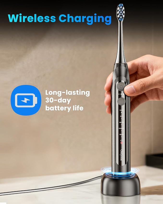 Onlyone Sonic Electric Toothbrush for Adults Rechargeable Ultrasonic Electric Toothbrush with 8 Brush Heads Travel Case Charging Base &amp Wireless Charging - 5 Modes with Smart Timer