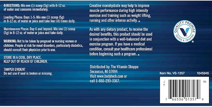 BODYTECH 100% Pure Creatine Monohydrate Powder - Micronized for Maximum Absorption - Supports Muscle Strength &amp Power Output - Unflavored (18 oz 102 Servings)