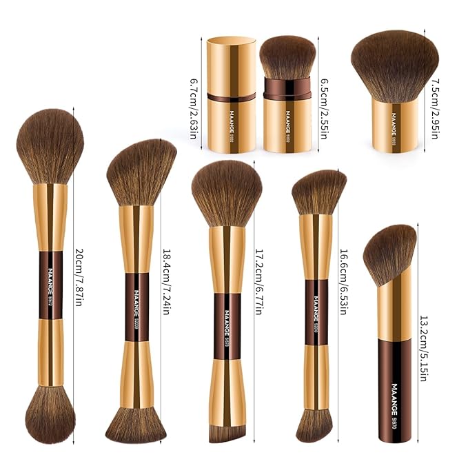 MAANGE 7pcs Makeup Brush Set Double Sided Kabuki Makeup Brushes Contour Brush for Foundation Liquid Powder Concealer Cream Cosmetics Bronzer Blending Blush Buffing Makeup Tools (Coffee Gold)