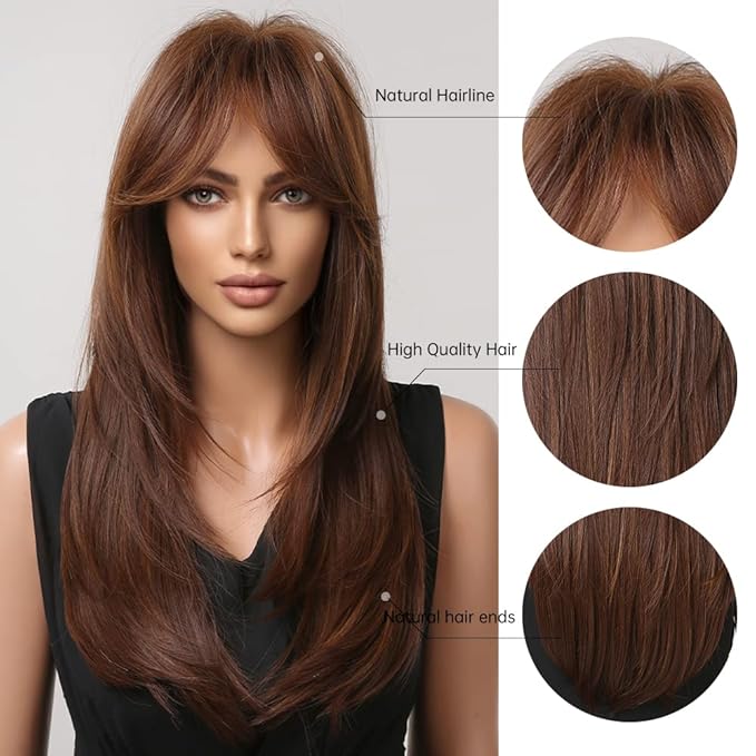 HAIRCUBE Long Layered Synthetic Hair Wigs for Women with Bang (Reddish Brown)