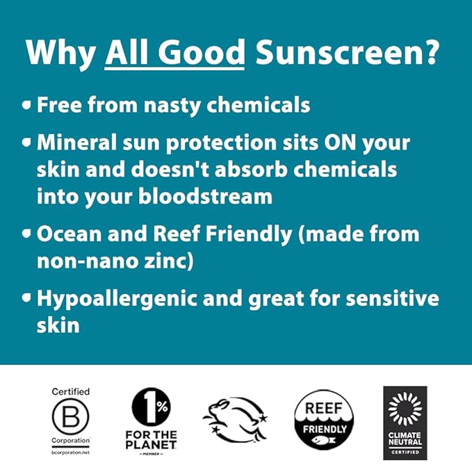 All Good Sunscreen - Tinted Mineral Sunscreen for Face &amp Body - SPF 30 Water Resistant Coral Reef Friendly Coconut Oil Jojoba Oil Shea Butter Aloe 3 oz (2-Pack)