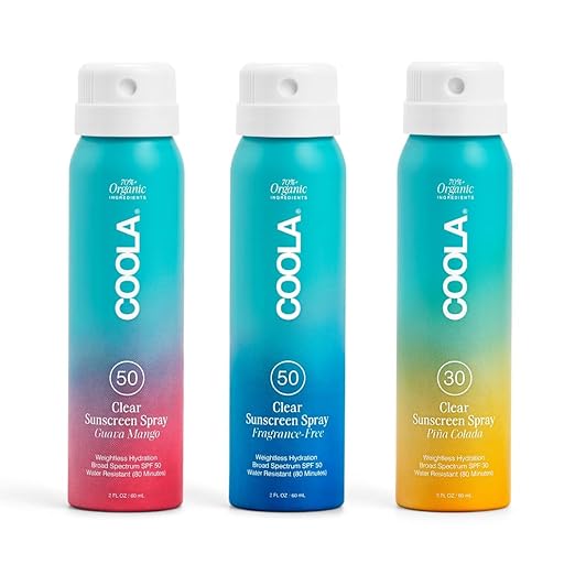 COOLA Organic Sunscreen SPF 50 &amp 30 Sunblock Spray Kit Dermatologist Tested Skin Care for Daily Protection Vegan and Gluten FreeTravel Size 2 Fl Oz 3 Pack
