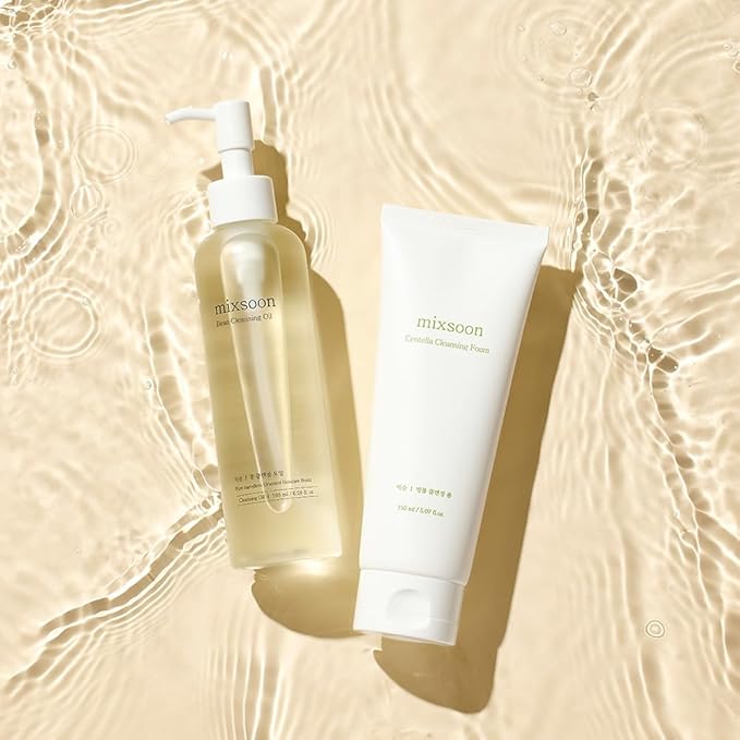 mixsoon Double Cleansing Set- 2-Step Routine Centella Foam &amp Bean Cleansing Oil Gentle Deep Clean and Hydrating Care 150ml / 5.07 fl.oz. 195ml / 6.59 fl.oz. Korean Glass Skin Care