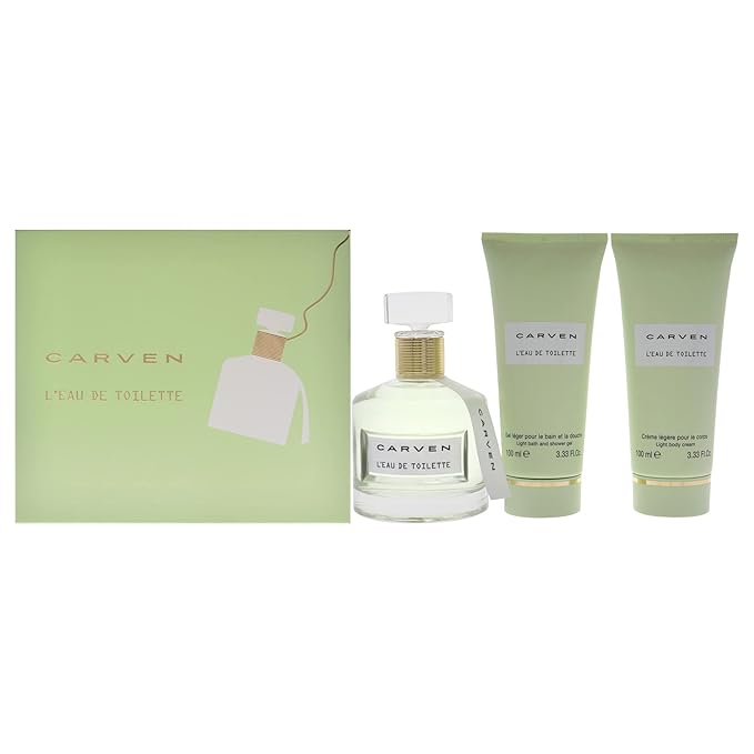 Carven LEau De Toilette for Women - 3 Pc Gift Set 3.33oz EDT Spray 3.33oz Light Body Cream 3.33oz Ligth Bath and Shower Gel