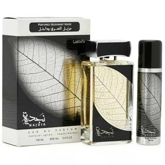 Lattafa Perfumes Najdia 2 Piece Set for Men (3.4 Ounce Eau de Parfum Spray + 1.7 Ounce Deodorant Spray)