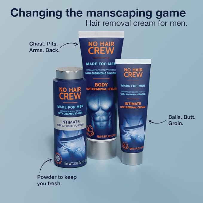 No Hair Crew | The Mega Bundle | Intimate and Body Hair Removal Creams with Intimate Dry &amp Fresh Powder | Made for Men
