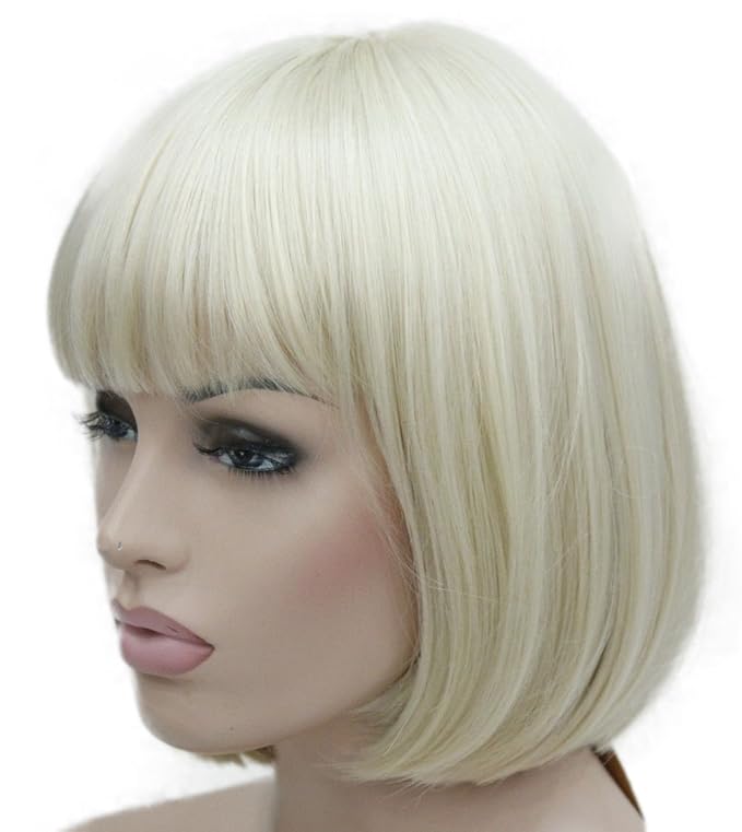 Lydell 8 Straight Short Bob Hair Flat Bangs Cute Central Dot Skin Top Heat Resistant Synthetic Wigs (614 Pale Blonde)