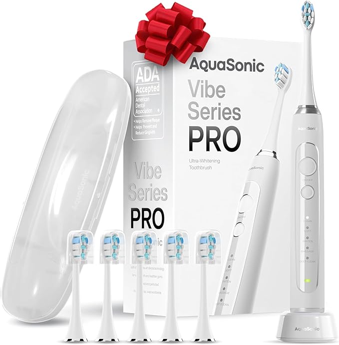 Aquasonic Vibe Series PRO ? Ultra-Whitening Electric Toothbrush ? 5 Modes &amp Smart Timers ? Premium Travel Case &amp 6 Proflex Brush Heads ? ADA Accepted Toothbrush (Optic White)