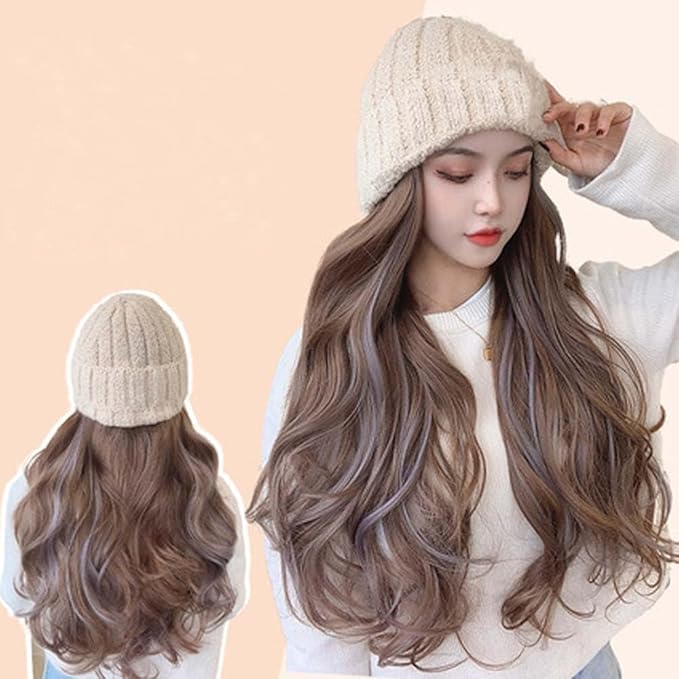 Woman Wig Winter Beanie Hat Wig Extension Long Wavy Curly Wig with Plush Knitted Hat Warm Wig