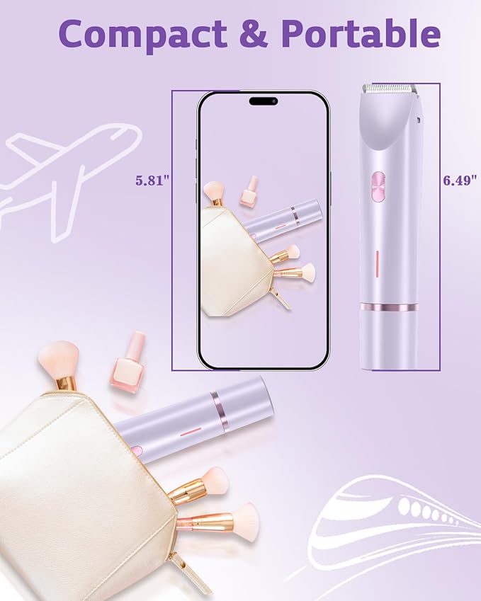 Bikini Trimmer for Women Dual-Head Women's Electric Razor 2-in-1 Electric Shaver for Women Pubic Hair/Legs/Arms/Underarm/Face IPX7 Waterproof Wet/Dry Use (Purple)
