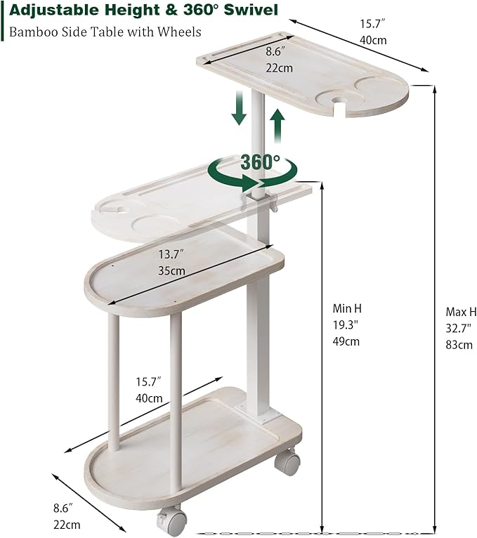 Bamboo 3-Layer Bathtub Tray Stand Freestanding Rotating Caddy with Adjustable Height Decorative Bathroom Shelf &amp Indoor Plant Stand Spa Organizer for Tub Side Use Vintage White