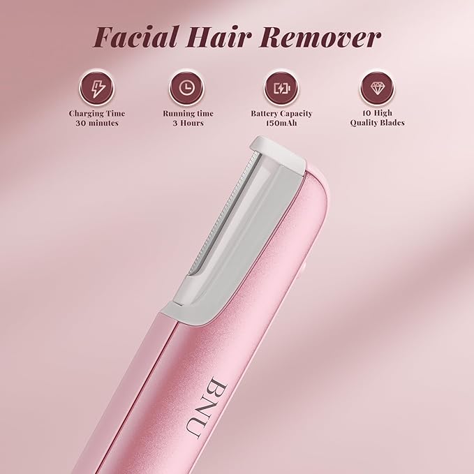 Dermaplane Razor for Women Face BNU Facial Hair Remover for Anti-Aging - Rechargeable - LED Light - Sonic Edges - 3 Speeds Ergonomic Handle Face Dermaplaning Tool 10 Weeks Pink