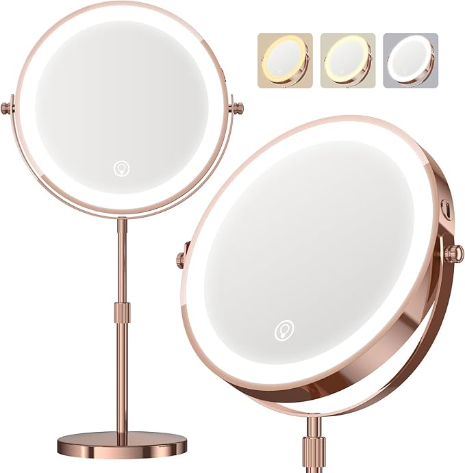 Makeup Mirror with Lights 5000 mAh Rechargeable Double Sided Magnifying Vanity Mirror with 3 Colors 1x/20x 360° Rotation  Brightness Adjustable Magnification Lighted Makeup Mirror Women Gift