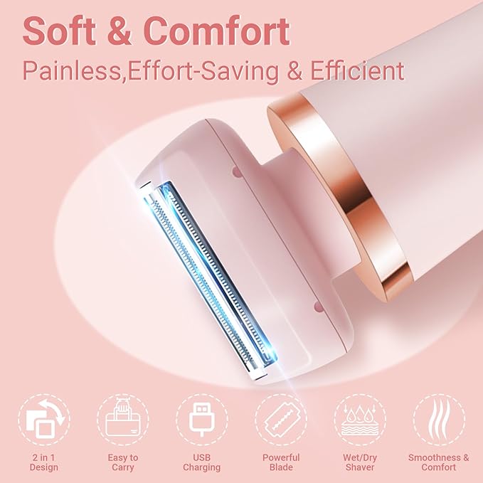 Bikini Trimmer for Women &amp Men - 2 in 1Replaceable Painless Electric Razor for Body &amp FaceWireless Portable Trimmer for Women Wet &amp Dry Electric ShaverIPX7 WaterproofUSB Rechargeable