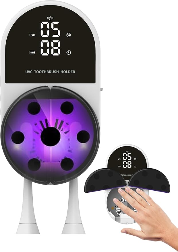 UV Toothbrush Sanitizer Holder &amp Cleaner with Led Clock Display Hands-Free Wave Sensing &amp Dual Toothbrush Storage - Wall Mounted UV Tooth Brush Sanitizer Holder for Bathroom Decor Fits All B