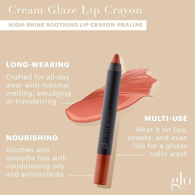 Glo Skin Beauty Cream Glaze Lip Crayon in Praline - Shimmery Toasted Brown Sugar - Glossy Crayon Lipstick 6 Shades