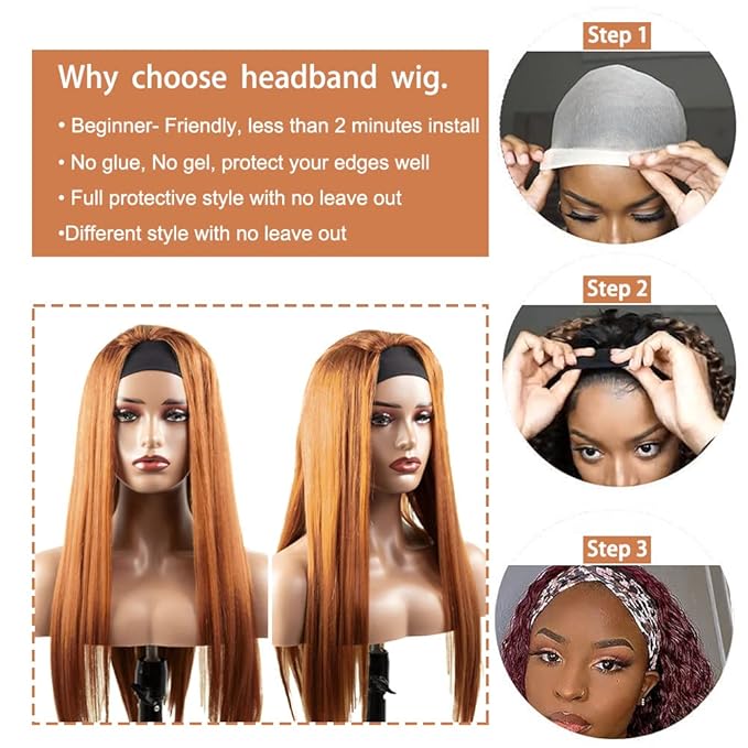 34 Inch #30 Brown Headband Wig Human Hair Straight Light Brown None Lace Front Wig 150% Density Grade 8A Unprocessed Brazilian Virgin Hair Machine Made Wig