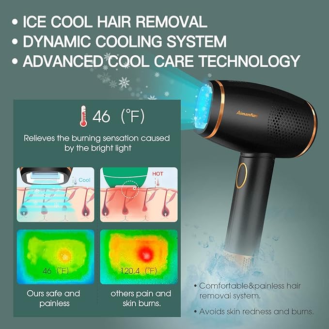 Hair Removal Device with Ice Cooling System Permanent Painless Light Hair Remover with Aoto Flash Modes and 2 Lamp Heads at-Home For Men and Women