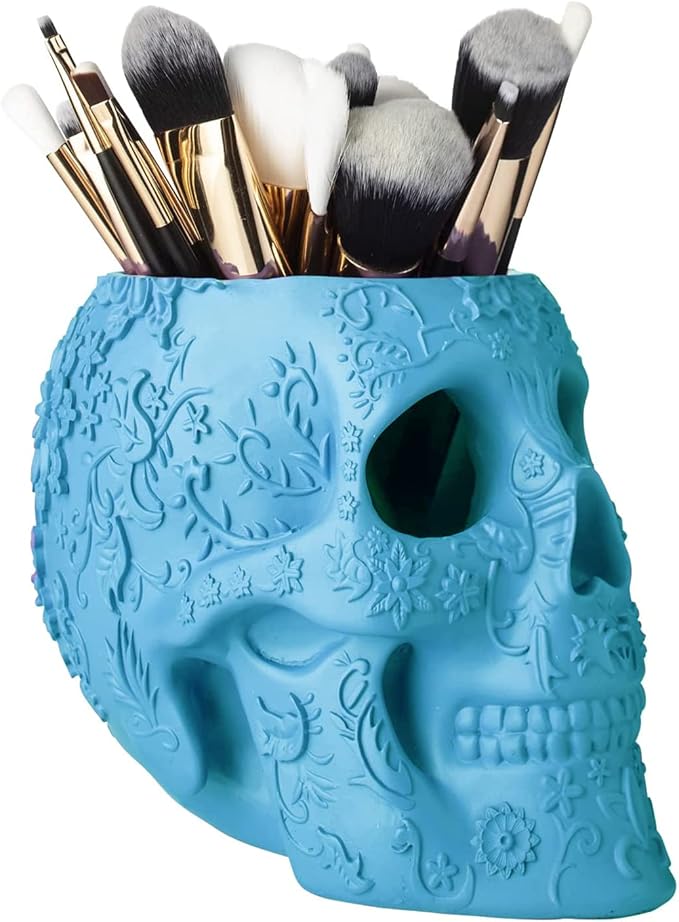 Skull Makeup Brush Holder Pen Holder Vanity Desk Office Organizer Stationary Decor Planter Candy Bowl Goth Decorations Extra Large Skulls Gothic Skull &amp Bones Organizer Bathroom (Blue)