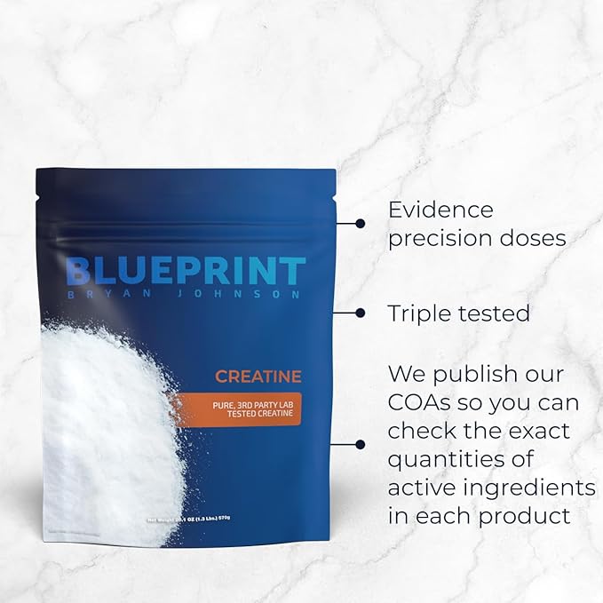 Blueprint Bryan Johnson Creatine Monohydrate Powder ? Amino Acid Powder - Supplement Supports Muscle Growth Recovery Strength &amp Focus ? Unflavored Creatine for Women &amp Men ? 5g Dose ? 100 Se