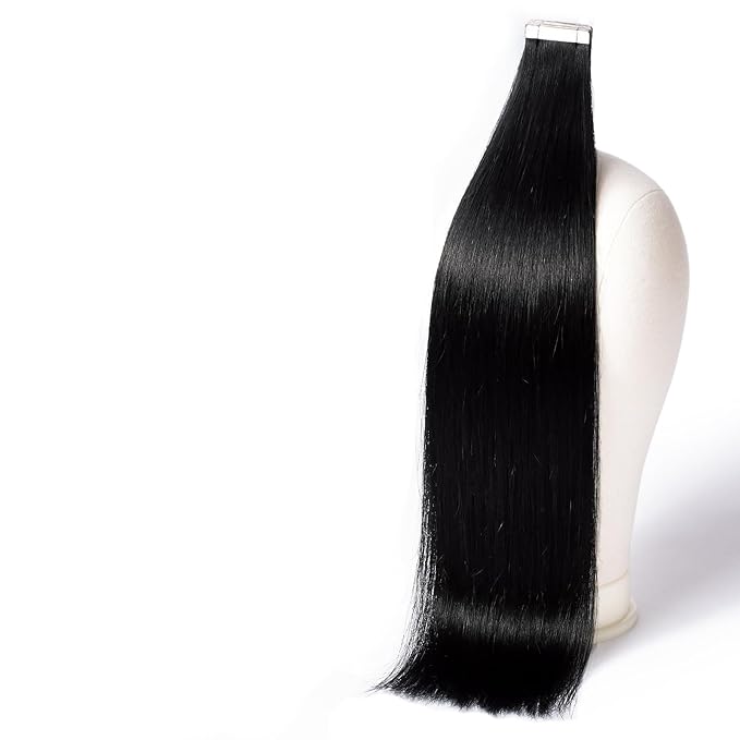 DNE Tape in Hair Extensions Real Human Hair 20 inches 20Pcs/50g/Pack Seamless #1 Jet Black Dark Color Straight Invisible Double Sided Tape in Hair Extensions for Women/Girls Can Bleached and Curl