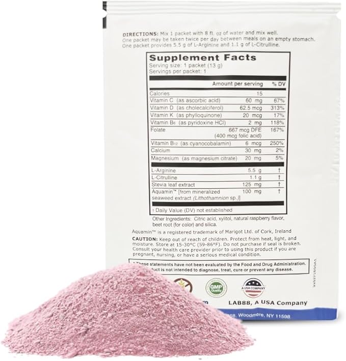 L-ARGININE PRO Supplement Powder | 60 Packets Single Serve Travel Size | 5500mg of L-arginine Plus 1100mg L-Citrulline Raspberry