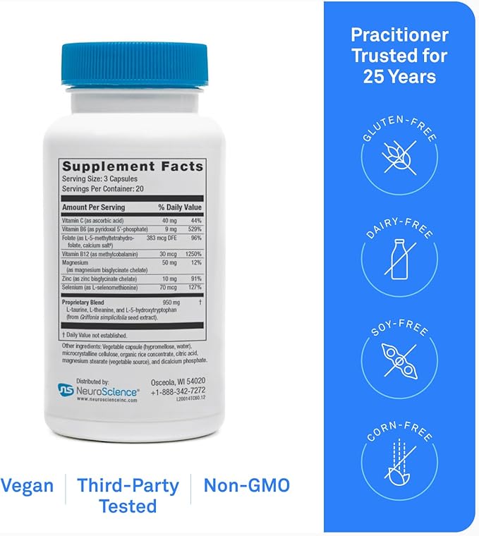 NeuroScience Mood Support Supplement - TravaCor - L Theanine Supplement with 5-HTP &amp More to Help Soothe Stress Encourage Calm Sleep &amp Aid Healthy GABA Activity (60 Capsules)
