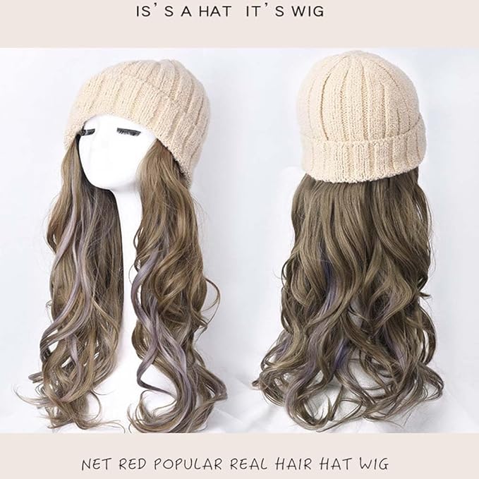 Woman Wig Winter Beanie Hat Wig Extension Long Wavy Curly Wig with Plush Knitted Hat Warm Wig