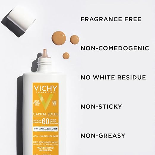 Vichy Capital Soleil Tinted Mineral Sunscreen for Face SPF 60 Titanium Dioxide Face Sunscreen Travel Size Sunscreen Water Resistant Light weight Sun Protection Creams Gels &amp Lotions