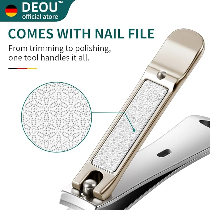DEOU 3-in-1 Professional Nail Clipper Set - Stainless Steel Large/Medium Flat-Edge Clippers with Built-in Nail File Champagne-Colored Nail Care Tools Exquisitely Gift-Packaged for Home &amp Travel