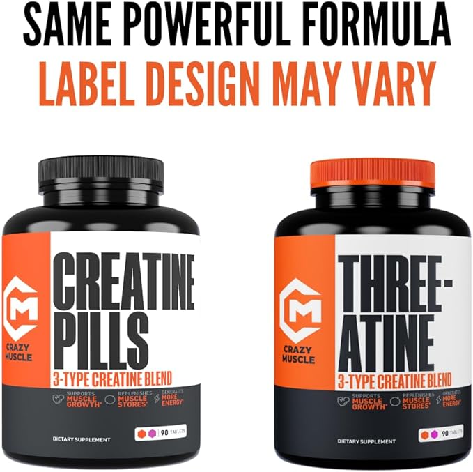 Crazy Muscle Creatine Pills 5g 3X Pure Creatine Monohydrate Pre Workout Muscle Mass Gainer High Absorption ThreeAtine Performance Men Women Tablets - 30 servings