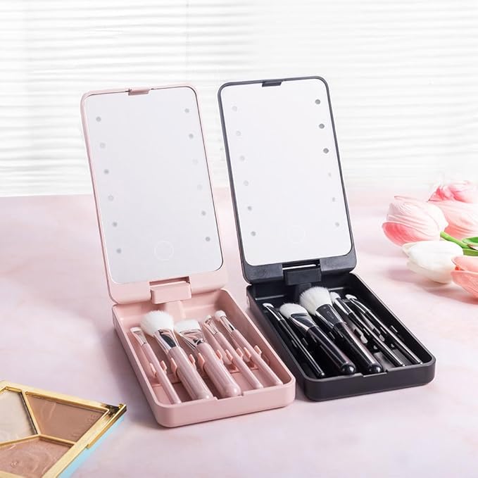 Custom Travel Makeup Brush Set Personalized Name Birth Flower Makeup Brush Case With Rotatable LED Light Mirror 5 Pcs Makeup Brushes Valentine Mother's Day Gifts For Women Black White Pink