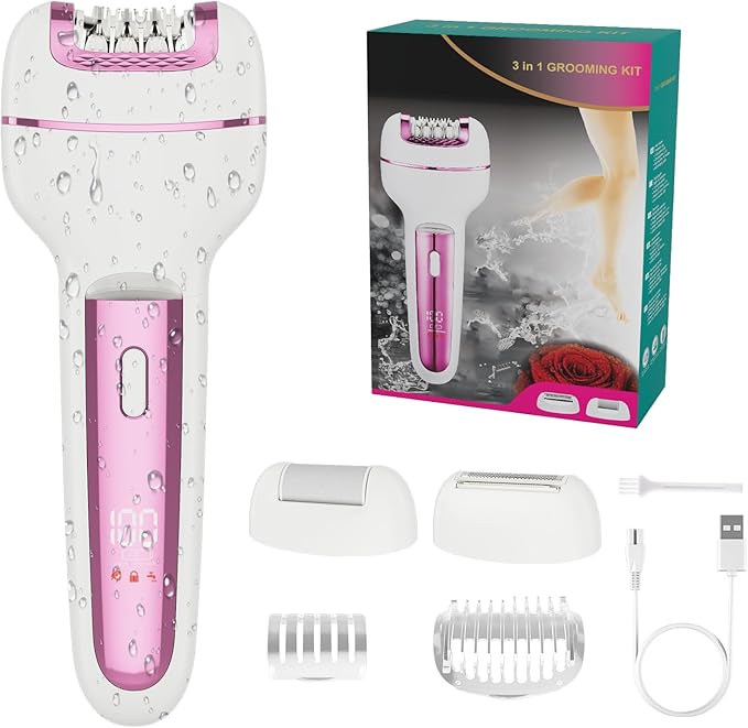 Epilator for Women 3-in-1 Epilator Body Hair Removal DeviceWet/Dry Waterproof Cordless Rechargeable Electric Trimmer &amp Shaver &amp Callus Remover for Women &amp Men 606 Pink