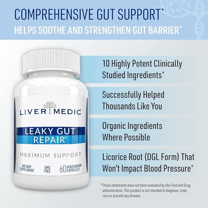 Leaky Gut Repair Natural Gut Health Supplement Glutamine Organic Slippery Elm NAG Marshmallow Root Aloe Vera MSM Quercetin Bromelain Promotes Digestive Ease Gut Wellness 1000mg 60 Caps