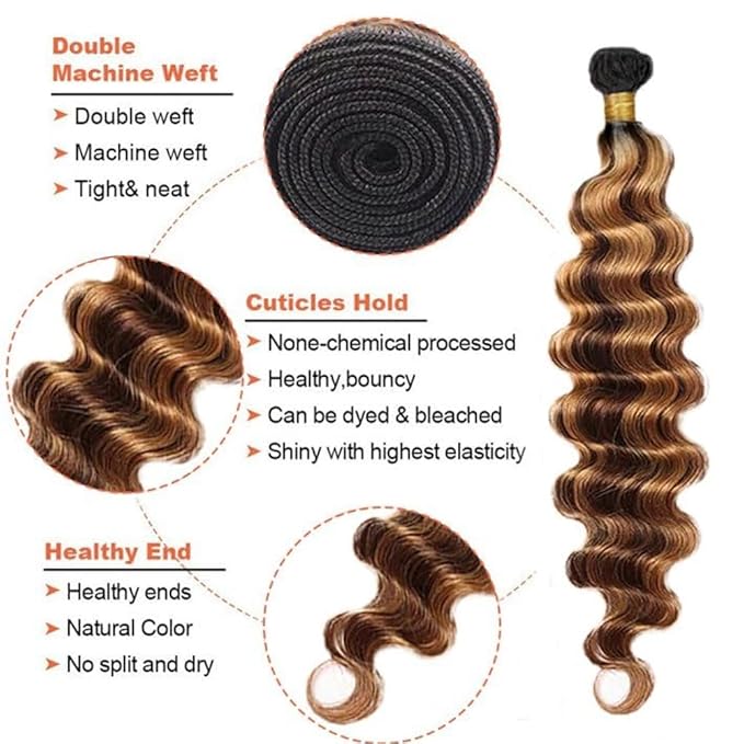 Highlight Brown Human Hair Bundles Ombre Brown Bundles #4 Deep Wave Bundle 16 inch P430 Deep Wave Bundle