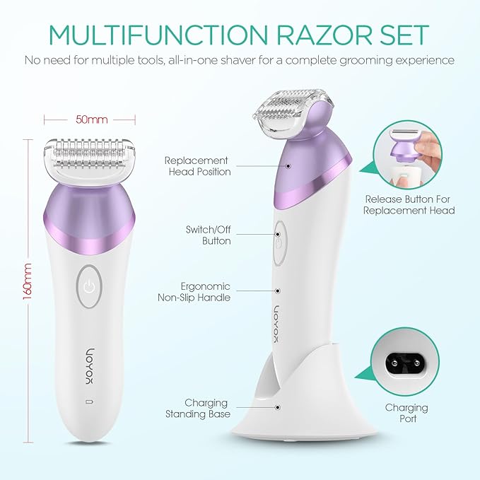 VOYOR Electric Razors for Women 4 in 1 Bikini Trimmer Foil Shaver for Women 4 Replacement Heads for Body Pubic Hair Trimmer Cleansing Massage 2 Adjustable Speeds Rechargeable Shaver ES501 (Purple)