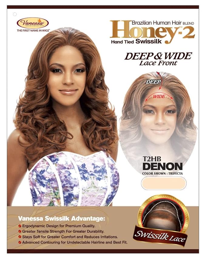 VANESSA Honey-2 Deep &amp Wide Lace Front Medium Long Length Wavy Style Human Hair Blend Wig - T2HB DENON (SP1B/30)