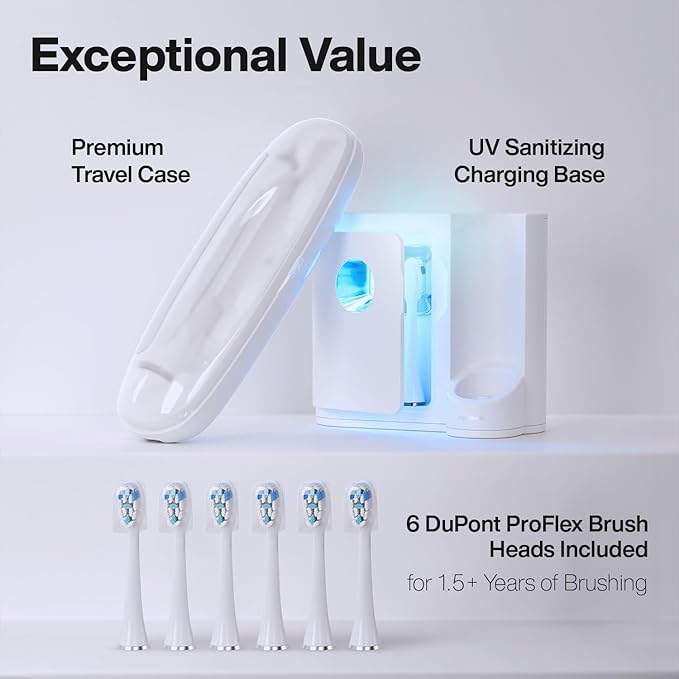 Aquasonic Vibe Series PRO ? Ultra-Whitening Electric Toothbrush ? 5 Modes &amp Smart Timers ? UV Sanitizing Base ? ADA Accepted (Optic White)